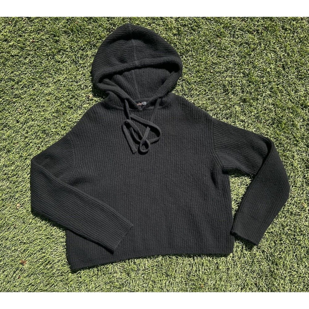 Quince Mongolian Cashmere Fisherman Pullover Hoodie Black L 100% Cashmere